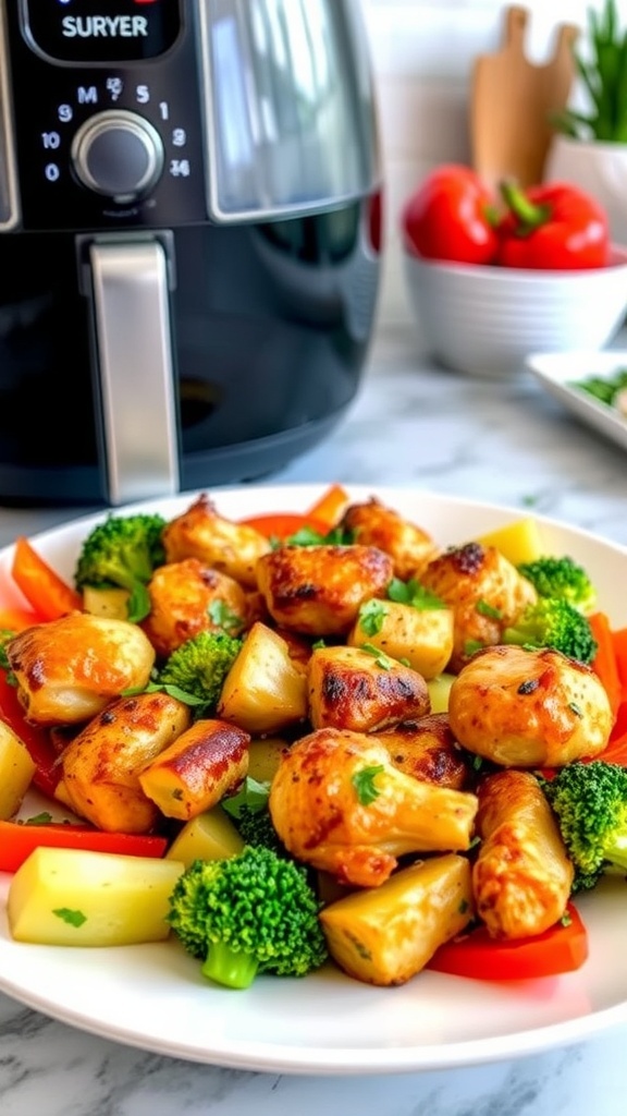 Easy Air Fryer All-in-One Meals Air fryer all-in-one meal with chicken and mixed vegetables, garnished with herbs, on a kitchen countertop.